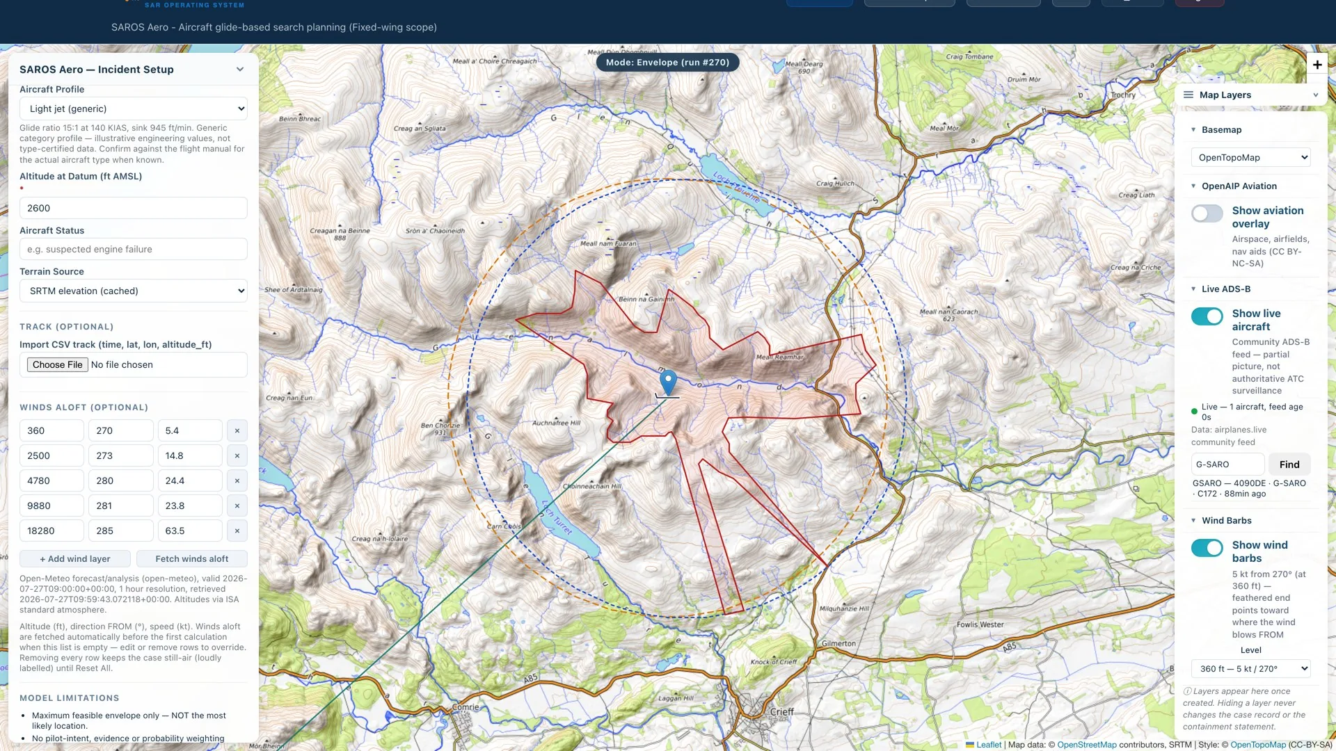 SAROS Aero with the Live ADS-B layer active: aircraft found by registration, feed age shown, wind barbs and terrain-constrained glide envelope over a topographic chart