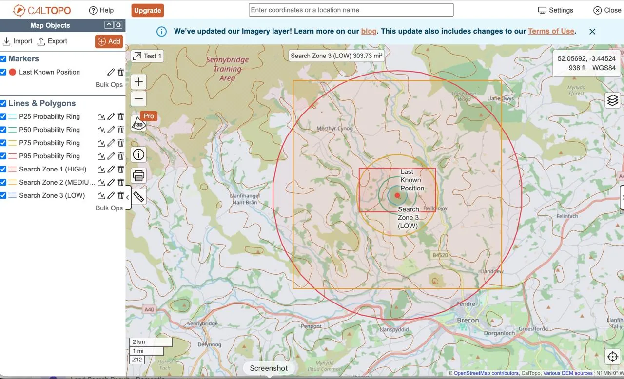 CalTopo map showing SAROS land search probability rings and search zones pushed via API